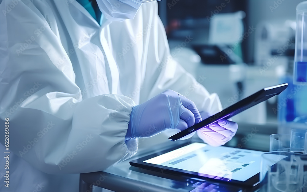 Scientist studying and developing new medicine, cure and vaccines on a futuristic screen display with technological features in his medical laboratory. Generative AI.