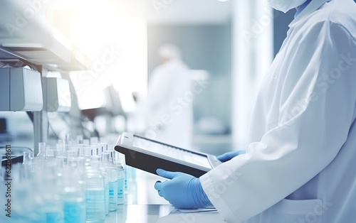 Obraz na płótnie Scientist studying and developing new medicine, cure and vaccines on a futuristic screen display with technological features in his medical laboratory. Generative AI. w salonie