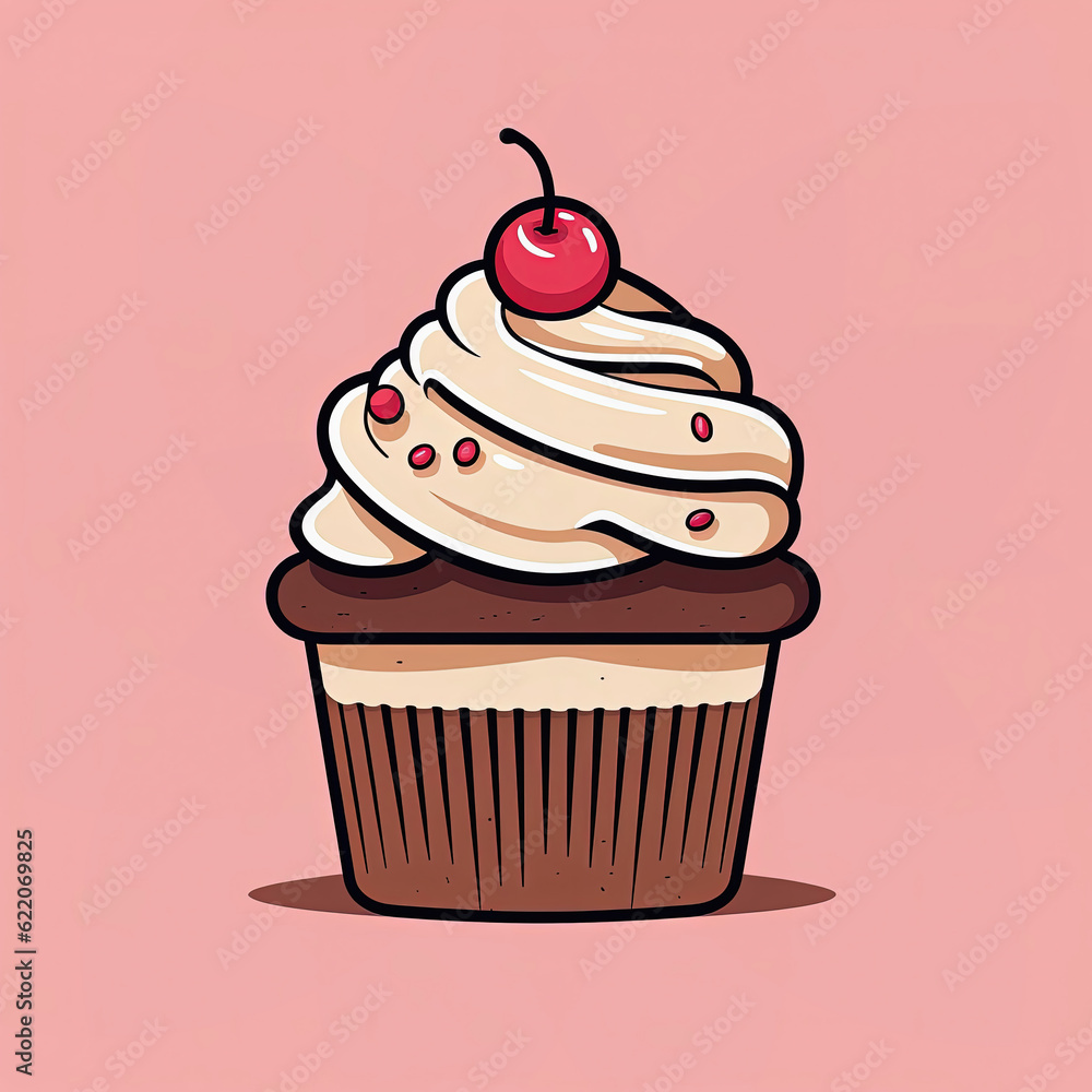 Chocolate muffin with frosting and cherry on top, pink background Chocolate muffin with frosting and cherry on top, pink background