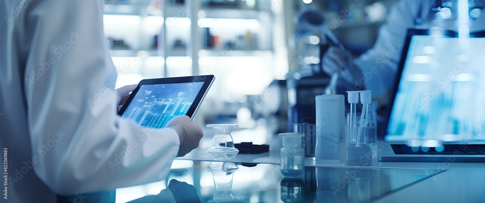 Scientist studying and developing new medicine, cure and vaccines on a futuristic screen display with technological features in his medical laboratory. Generative AI.