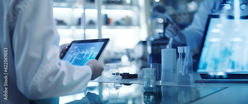 Obraz na płótnie Scientist studying and developing new medicine, cure and vaccines on a futuristic screen display with technological features in his medical laboratory. Generative AI. w salonie