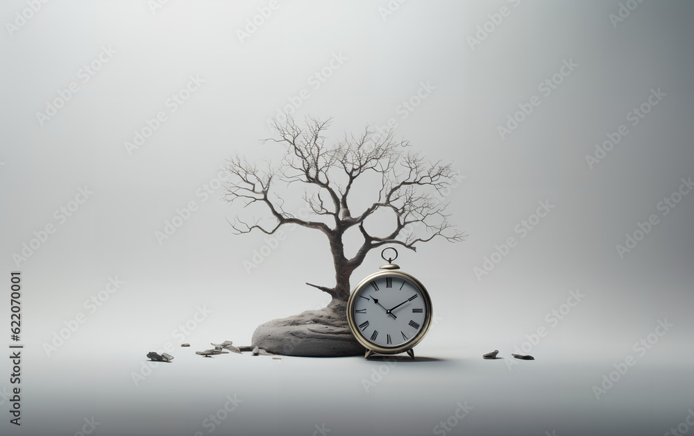 Concept of time. An alarm clock near a small dry tree with no leaves representing the time that passed, isolated white background. Generative AI.