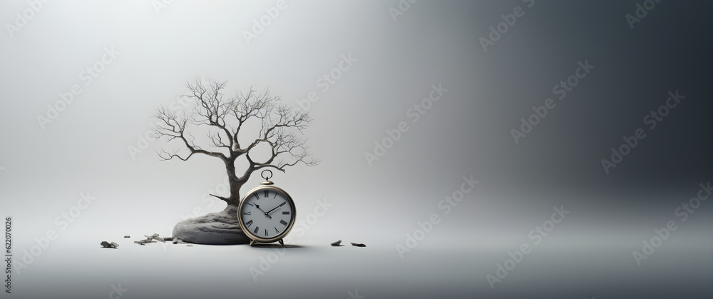 Concept of time. An alarm clock near a small dry tree with no leaves representing the time that passed, isolated white background. Generative AI.