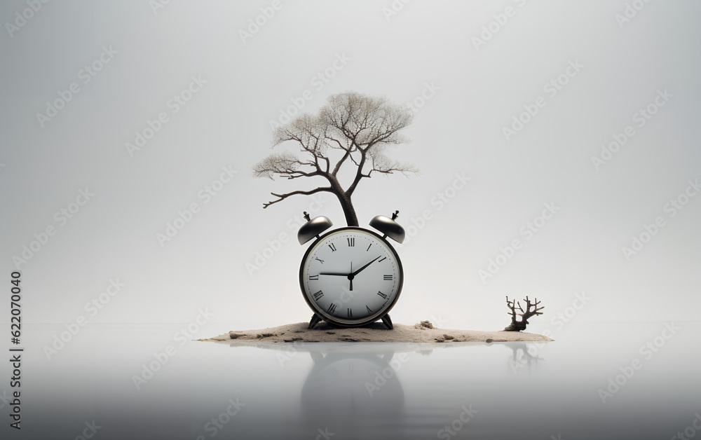 Concept of time. An alarm clock near a small dry tree with no leaves representing the time that passed, isolated white background. Generative AI.