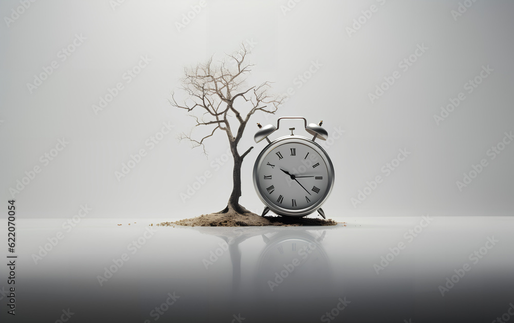 Concept of time. An alarm clock near a small dry tree with no leaves representing the time that passed, isolated white background. Generative AI.