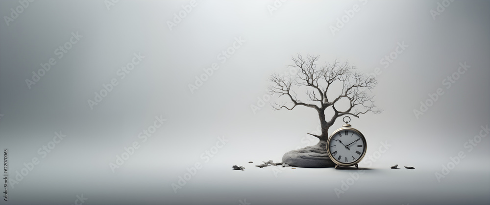 Concept of time. An alarm clock near a small dry tree with no leaves representing the time that passed, isolated white background. Generative AI.