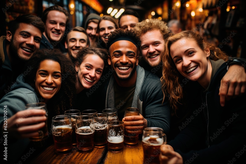 A group of friends of different nationalities sit at a table in a bar and drink beer at the annual German festival Oktoberfest. Alcoholic drink on amber-colored hops with foam. AI generation A group of friends of different nationalities sit at a table in a bar and drink beer at the annual German festival Oktoberfest. Alcoholic drink on amber-colored hops with foam. AI generation