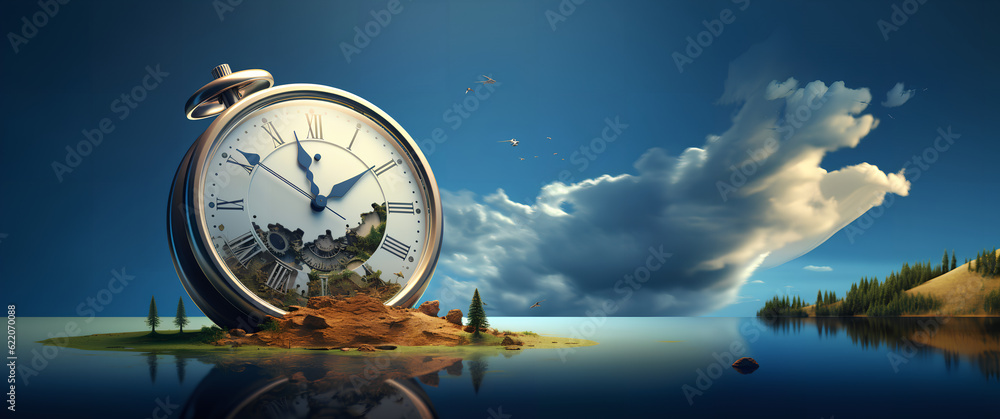 Concept of time. A giant pocket watch on a island in the middle of the ocean on a clear day. Generative AI.
