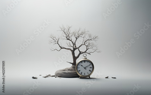 Obraz na płótnie Concept of time. An alarm clock near a small dry tree with no leaves representing the time that passed, isolated white background. Generative AI. w salonie