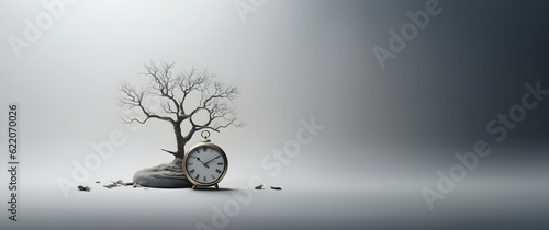 Obraz na płótnie Concept of time. An alarm clock near a small dry tree with no leaves representing the time that passed, isolated white background. Generative AI. w salonie