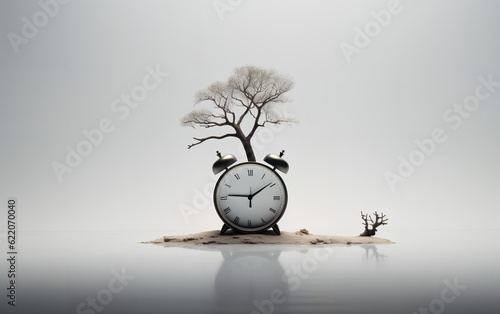 Obraz na płótnie Concept of time. An alarm clock near a small dry tree with no leaves representing the time that passed, isolated white background. Generative AI. w salonie