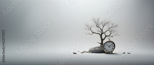Obraz na płótnie Concept of time. An alarm clock near a small dry tree with no leaves representing the time that passed, isolated white background. Generative AI. w salonie