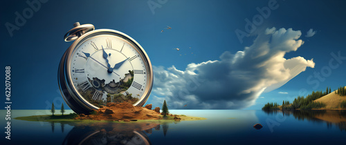 Obraz na płótnie Concept of time. A giant pocket watch on a island in the middle of the ocean on a clear day. Generative AI. w salonie