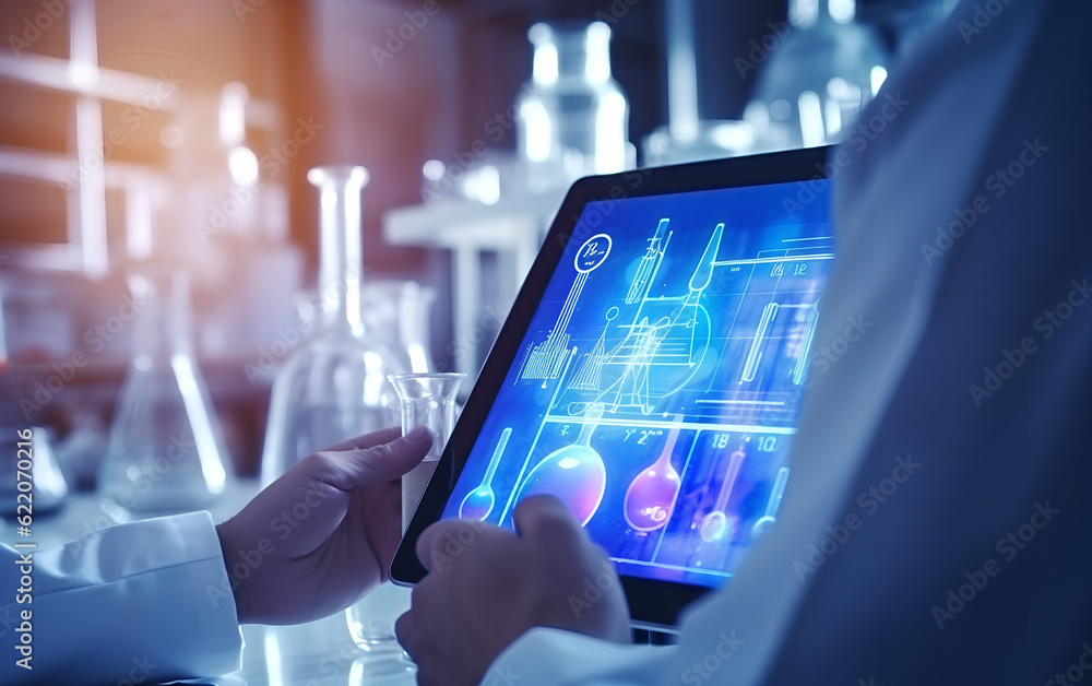 Scientist studying and developing new medicine, cure and vaccines on a futuristic screen display with technological features in his medical laboratory. Generative AI.