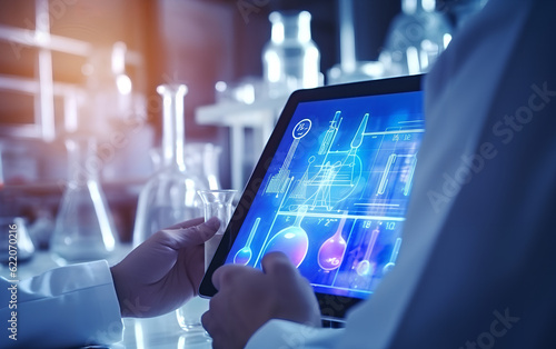 Obraz na płótnie Scientist studying and developing new medicine, cure and vaccines on a futuristic screen display with technological features in his medical laboratory. Generative AI. w salonie