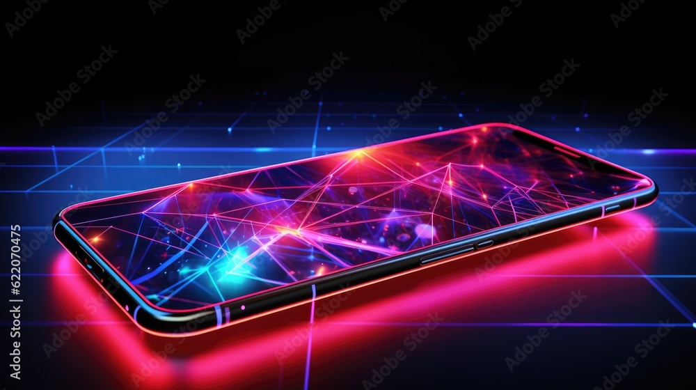 Modern mobile phone in the hand, close-up. Bright, image of AI technologies on the smartphone screen Modern mobile phone in the hand, close-up. Bright, image of AI technologies on the smartphone screen