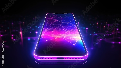 Modern mobile phone in the hand, close-up. Bright, image of AI technologies on the smartphone screen