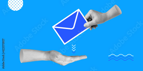 Correspondence delivery, postal services, receiving information. The hand passes the symbolic envelope to the other hand.