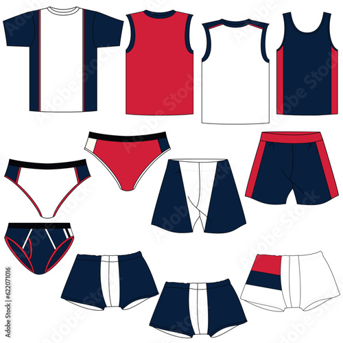 Men's underwear changes flat vector icons. Collection of modern men's clothing styles. Front view. Underwear design elements. Classic boxers, trunks, bikini, strings, thong