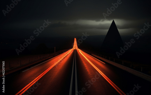 Winding road at night, reflective pavement markings, pylons