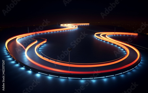 Winding road at night, reflective pavement markings, pylons