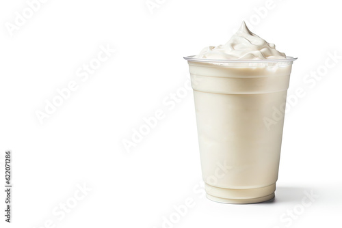 Vanilla milkshake in plastic takeaway cup isolated on white background with copy space