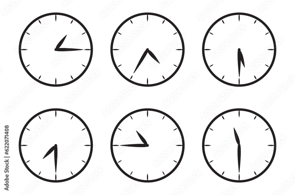 Minimals time and clock icon set. Half past and more of the clock sign. Complete twelve hours pointed clockwise o'clock vector illustration. Thin line designs style Minimals time and clock icon set. Half past and more of the clock sign. Complete twelve hours pointed clockwise o'clock vector illustration. Thin line designs style