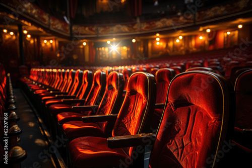 Empty theater chairs, symbolizing anticipation, entertainment, and the magic of live performances. Generative Ai.