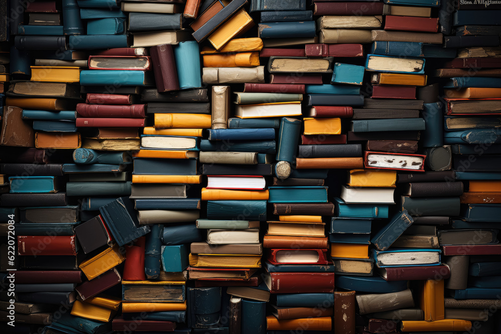 Top view of colorful stacked books, representing the concepts of education, learning, and the accumulation of knowledge. Generative Ai. Top view of colorful stacked books, representing the concepts of education, learning, and the accumulation of knowledge. Generative Ai.