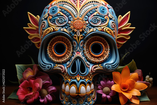 Featuring a painted elephant skull representing Mexico's Day of the Dead, showcasing the vibrant and artistic traditions of Mexican folk art. Generative Ai.