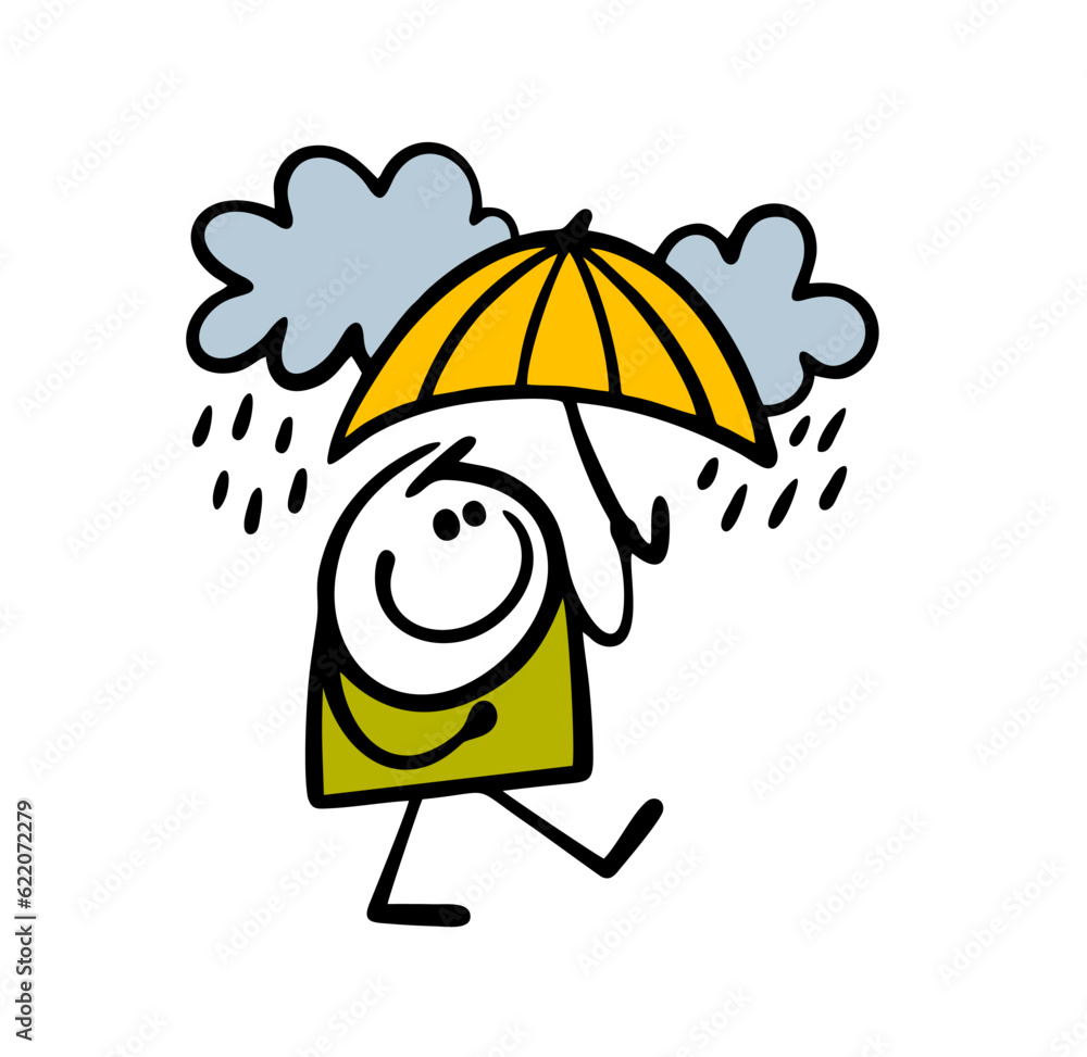 oyful man walks in the rain and takes cover with a yellow umbrella. Vector illustration of autumn weather and positive mood. oyful man walks in the rain and takes cover with a yellow umbrella. Vector illustration of autumn weather and positive mood.