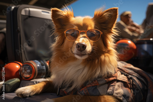 Showcasing a happy dog wearing sunglasses and a hat, sitting in a suitcase, ready for a summer trip. Represents the concepts of vacations, travel, and summer fun. Generative Ai. © Sebastian