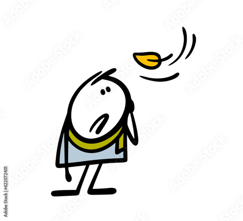 Frustrated man in warm clothes looks at a yellow leaf falling from a tree. Vector illustration of autumn weather.