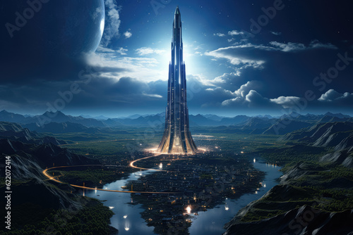 Portraying a towering lighthouse in a futuristic digital world, representing the concept of evolving technology, progress, and guidance towards a brighter future. Generative Ai.
