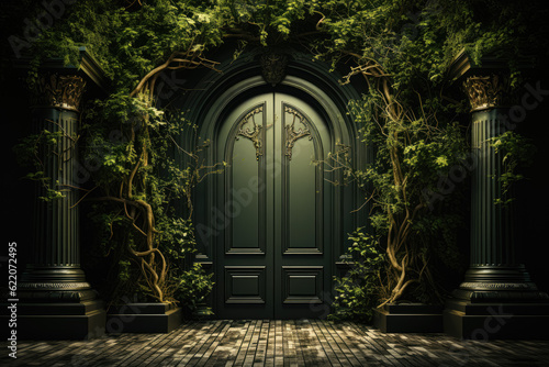 Featuring an open door to a green wall  symbolizing opportunities  growth  and a connection to nature. Generative Ai.