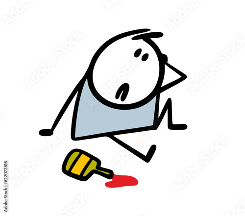 Drunk guy is sitting on the ground and dropped a bottle of wine. Vector illustration of cartoon character and an alcoholic drink.