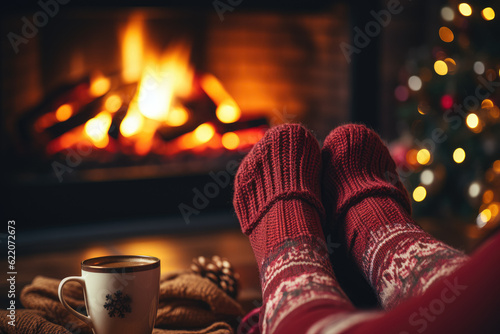 Wallpaper Mural Feet in woolen socks by the Christmas fireplace. A woman relaxes by the warm fire with a cup of hot drink and warms her feet in woolen socks. Generative Ai. Torontodigital.ca