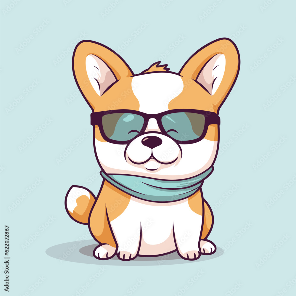 Cute corgi puppy sitting trendy with glasses, vector cartoon character.