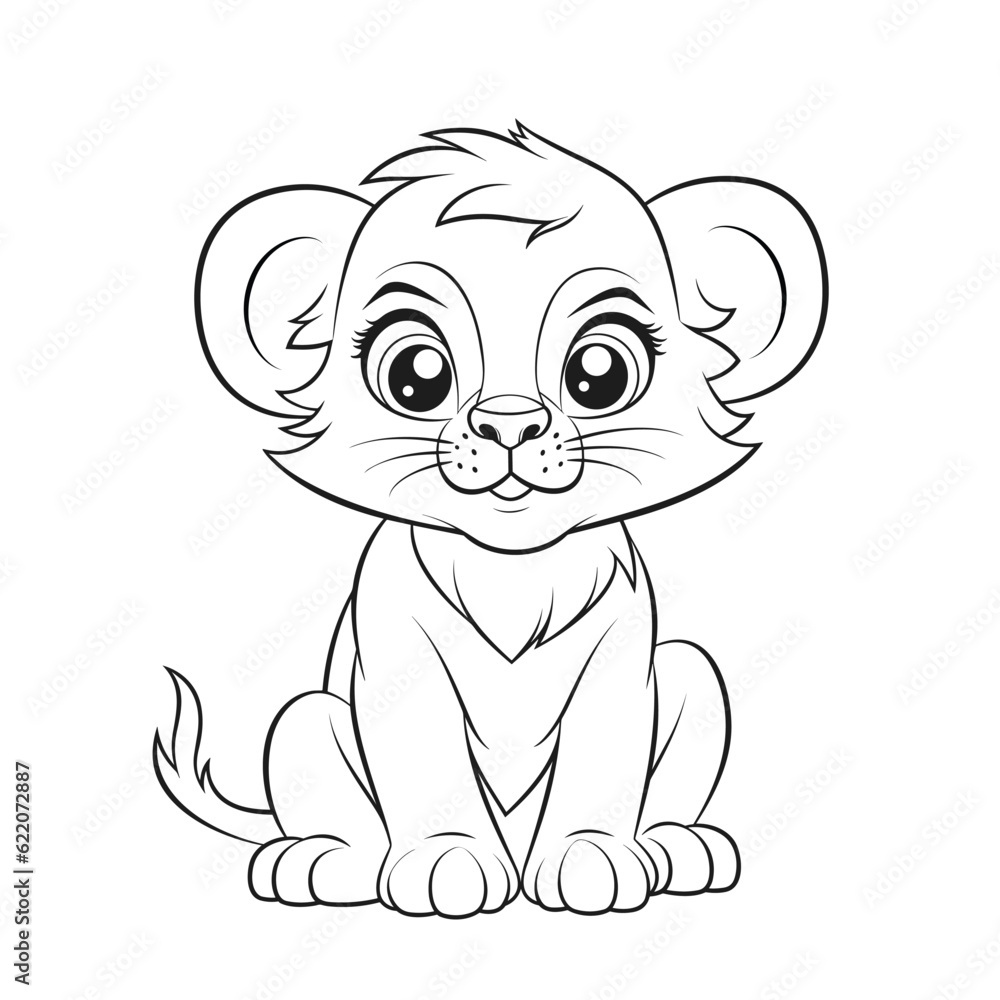 Cute little lion. Black and white line drawing vector. Simple children's coloring, illustration for children's creativity.
