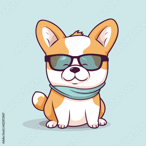 Cute corgi puppy sitting trendy with glasses, vector cartoon character.