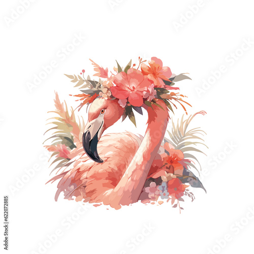 Cute cartoon pink flamingo bird in flowers, isolated vector illustration.