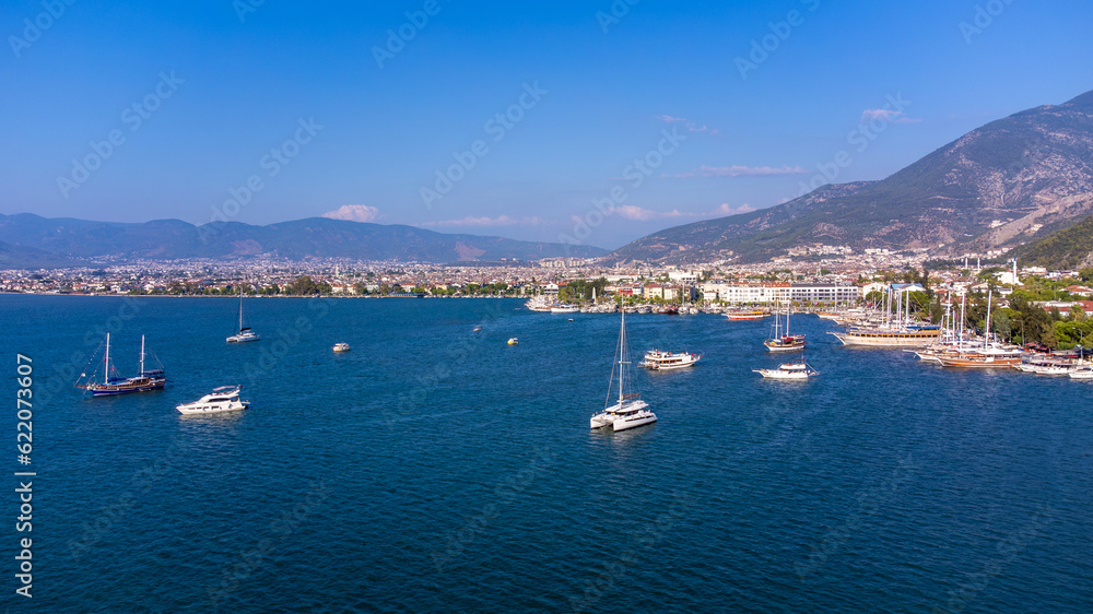 Aerial view of ships in Fethiye harbor.