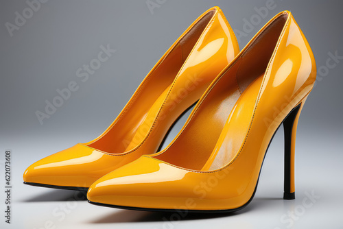 Yellow high-heeled shoes presented against a white background. Generative Ai.
