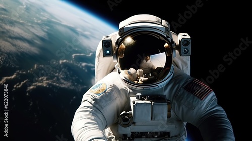 Astronaut schwebt im Weltall vor einem Planeten wie der Erde.  © Marco