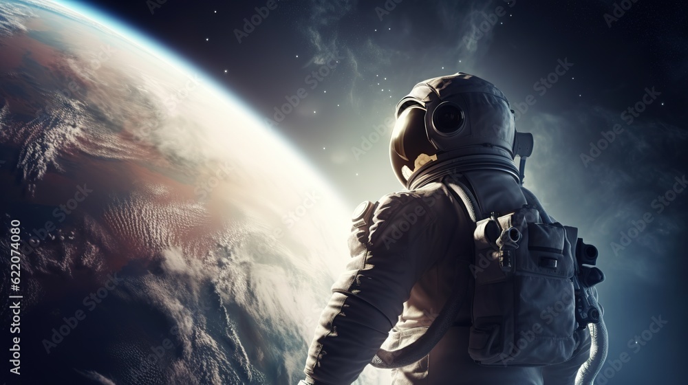 Astronaut schwebt im Weltall vor einem Planeten wie der Erde. 