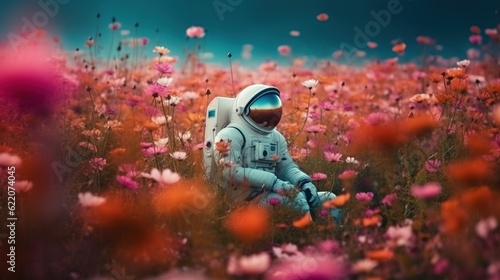 Astronaut sitzt auf einem fremden Planeten im Blumenfeld und beobachtet den Himmel. Forschung und Besiedlung neuer Galaxien.
