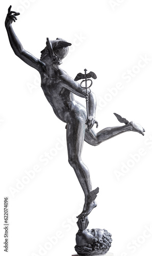Foto Ancient bronze statue of the Hermes or Mercury God on a white background