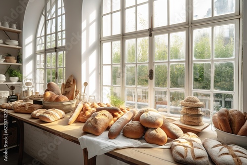 Viel frisches Brot in einer Bäckerei. Verschiedene Brotsorten ausgestellt. photo