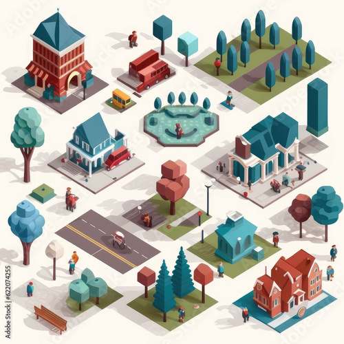 sprite sheet of of isometric vector art, city buildings, streets river, park, architecture, red and blue accents, public spaces, people in public space, white background, AI generated.