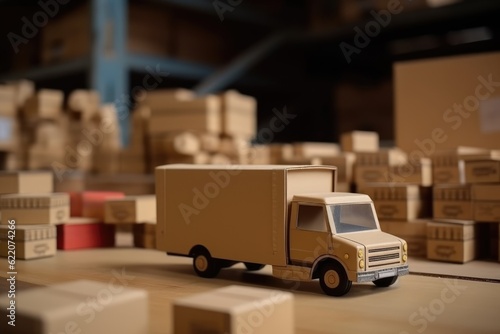 A small cartoon truck placed in some cardboard boxes